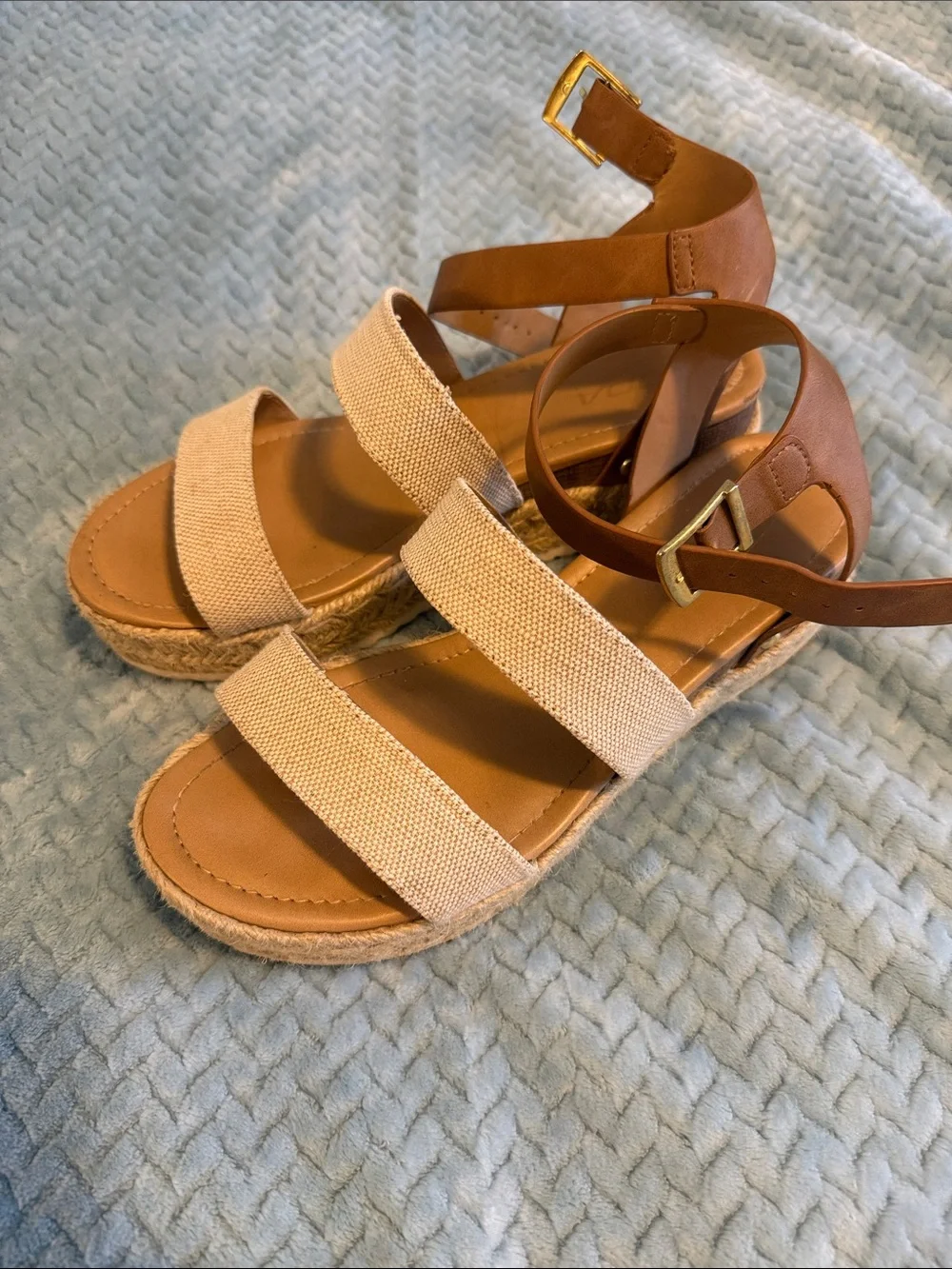Soda Canvas Triple-Strap Espadrille Sandals in Beige and Brown